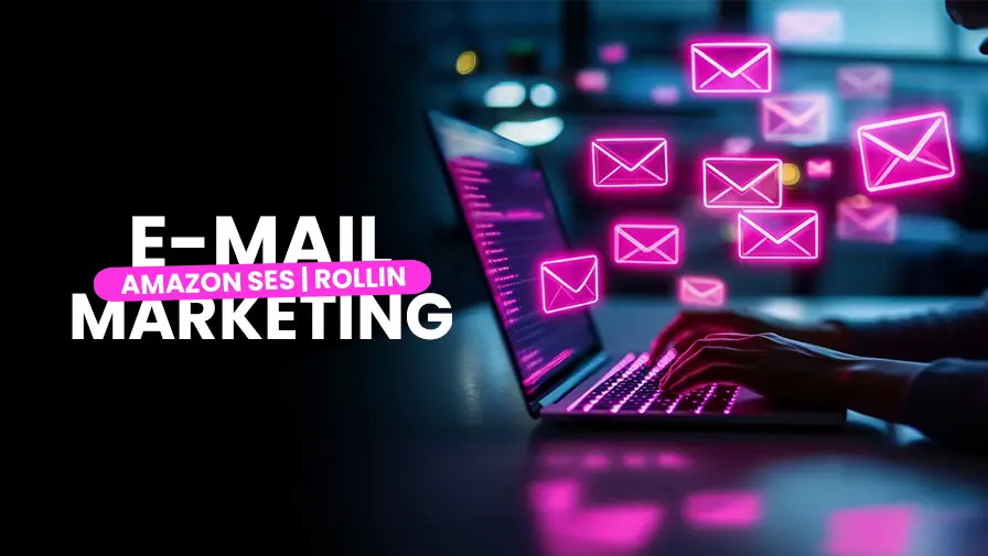 Notebook enviando e-mails com ícones de mensagens em destaque e selo Amazon SES Rollin