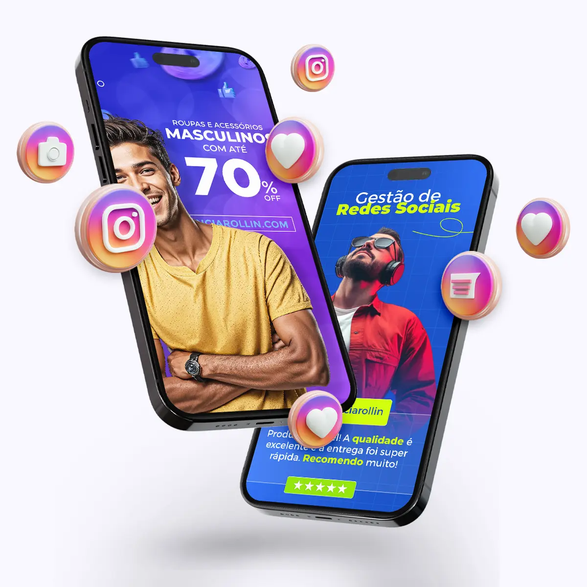 Dois celulares exibindo posts de redes sociais com reações e avaliações, representando gestão de conteúdo